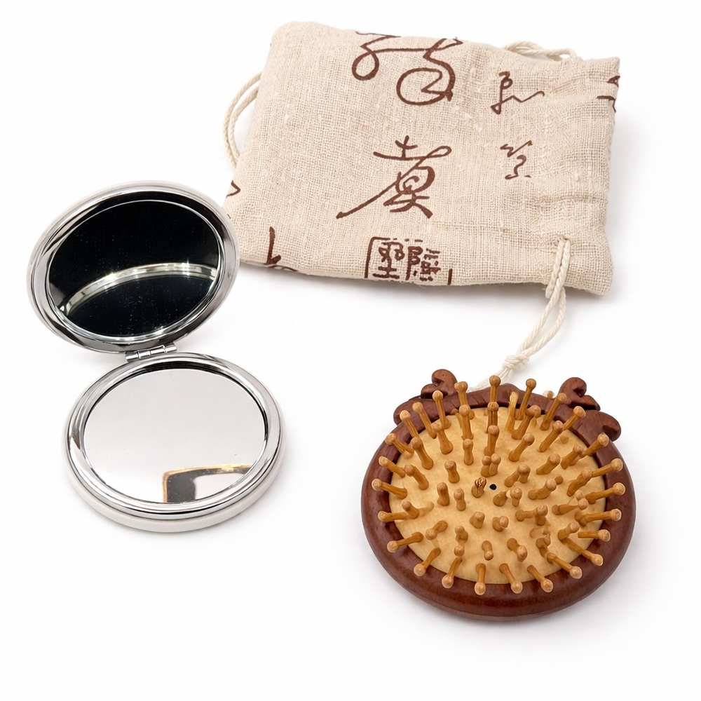 Wooden Scalp Massage Brush and Compact Mirror Set